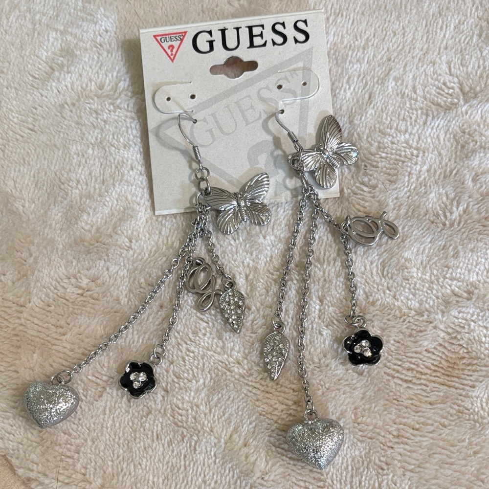 GUESS Silver and Black Charm Dangle Earrings